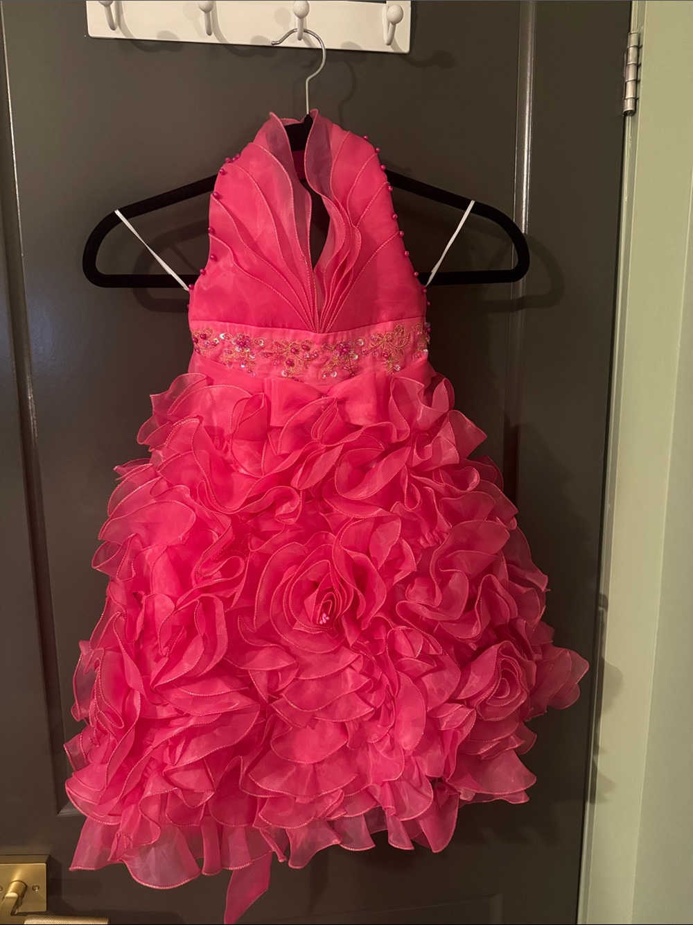 Formal Girls' Hot Pink Ruffled Halter Dress with Embellished Waist